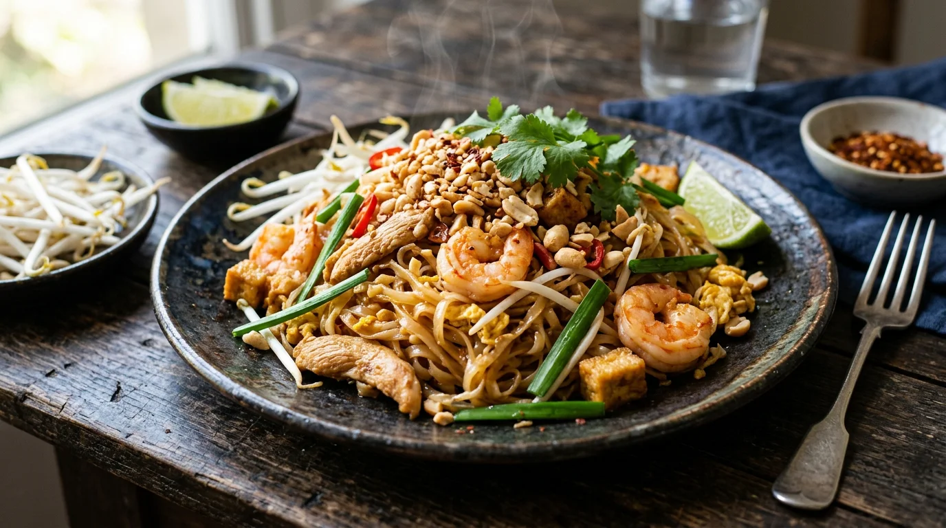 Freshly cooked steaming Pad Thai noodles from Thai Vintage Whitchurch takeaway