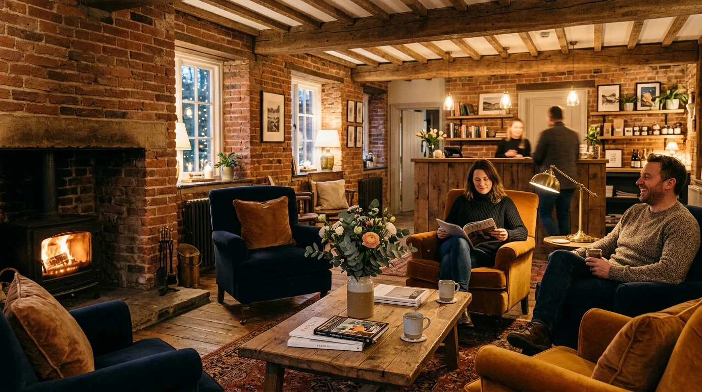 Cozy boutique hotel lounge and reception at The Old Mill Whitchurch